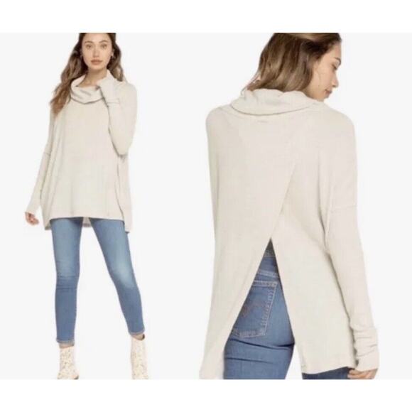 Free People Large Thermal Top Juicy Cowl Neck Split Back Long Sleeve Stone Cold - Picture 1 of 10